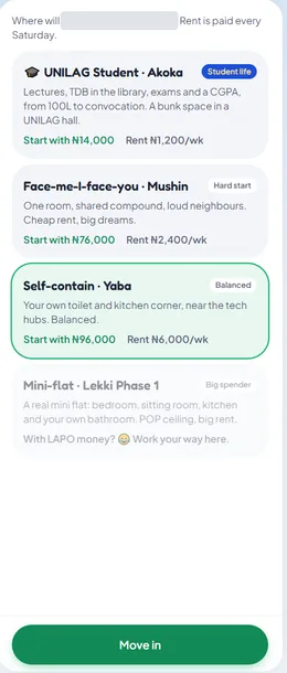 Home picker: UNILAG Student in Akoka, start with ₦14,000, rent ₦1,200 a week; Mushin, ₦76,000, rent ₦2,400; Yaba, ₦96,000, rent ₦6,000; Lekki mini-flat greyed out.