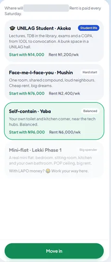 Home picker with UNILAG Student at ₦14,000, Mushin at ₦76,000 and Yaba at ₦96,000 starting money; Lekki is greyed out.