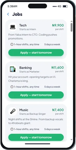 The Jobs app listing Tech, Banking and Music, each with pay per shift, 1-hour shifts any time, days per week and an Apply button.